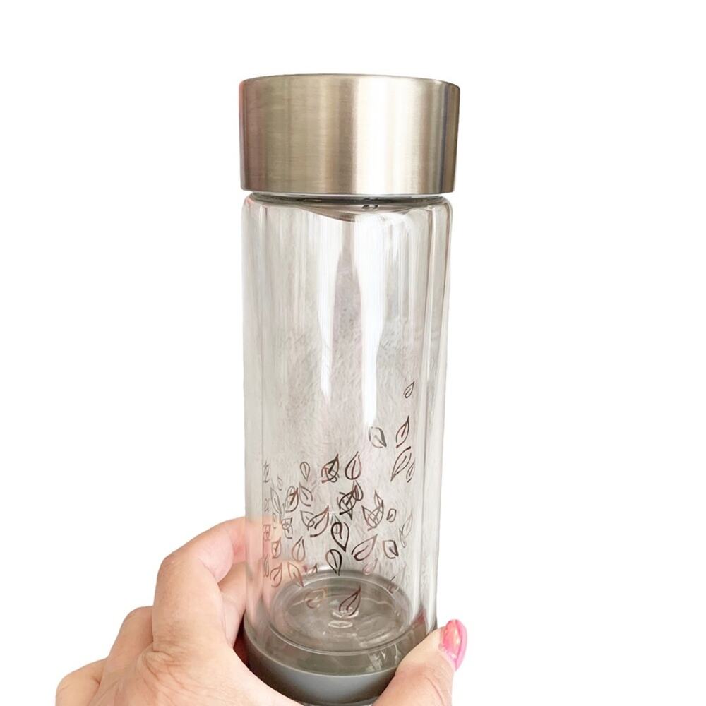 Starbucks 2010 Tazo Tea 10 oz. Glass Infuser Tumbler Silver Leaf Detail NWOT
